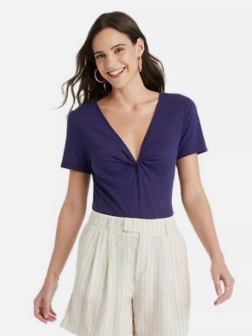 A New Day Navy Blue Deep Twist Front V-Neck Linen Blend T-Shirt, Large